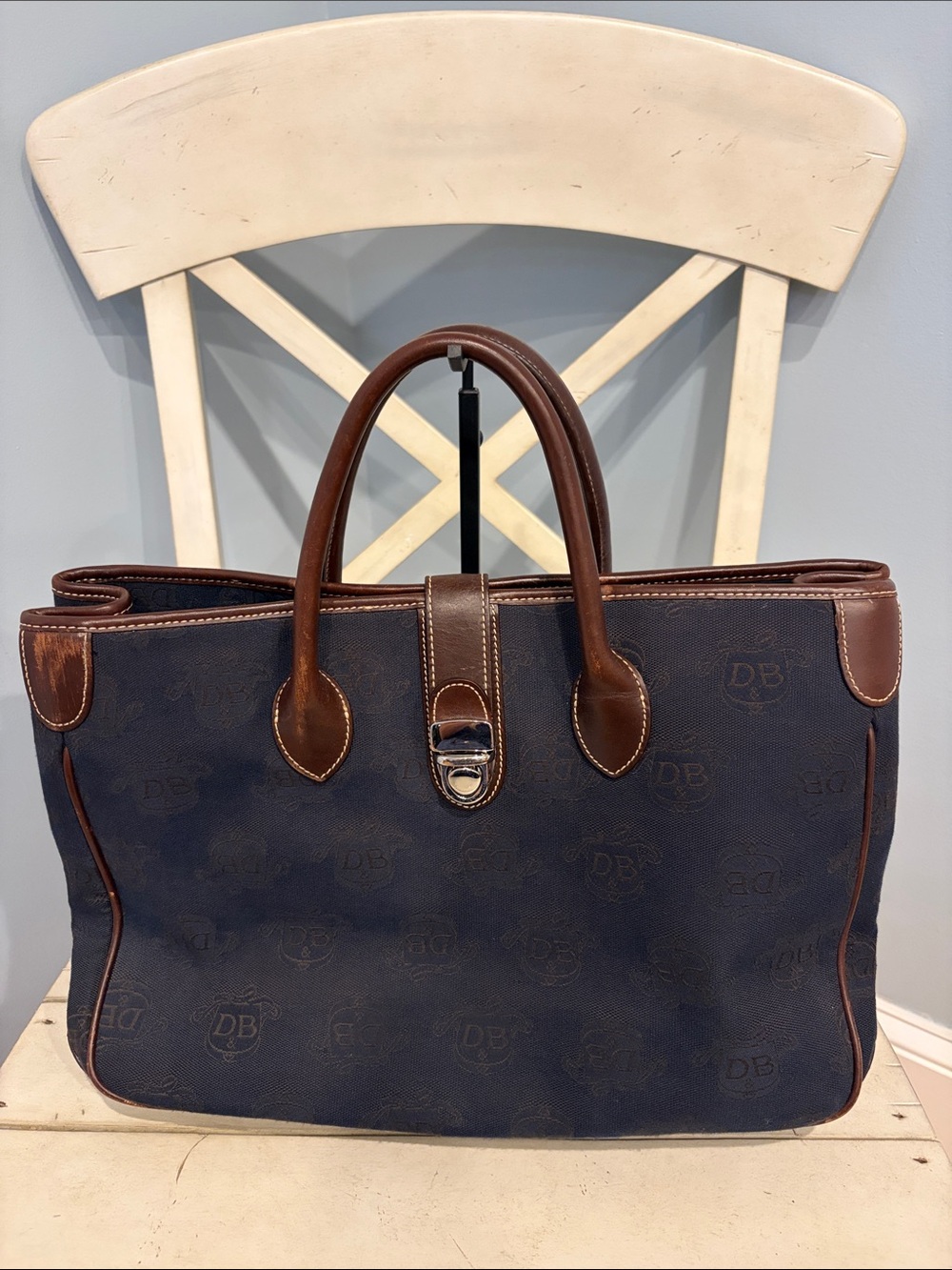 Dooney & Bourke Navy and Brown Leather Trim Tote Bag